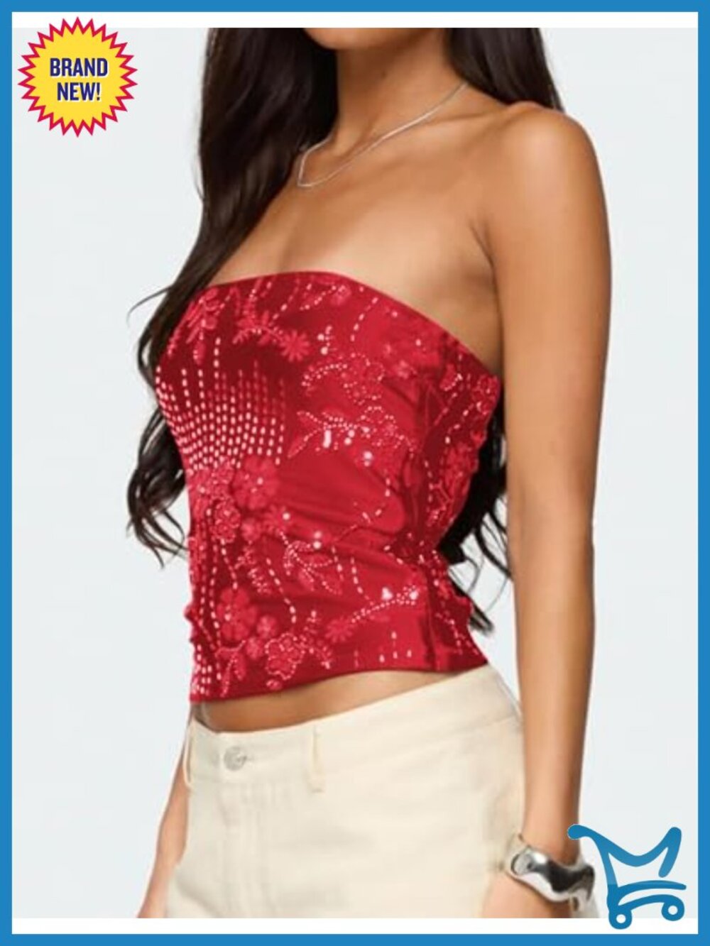 Sequin Tube Top Rhinestone Strapless Backless Sparkle Bandeau Top Y2K - Picture 2 of 6